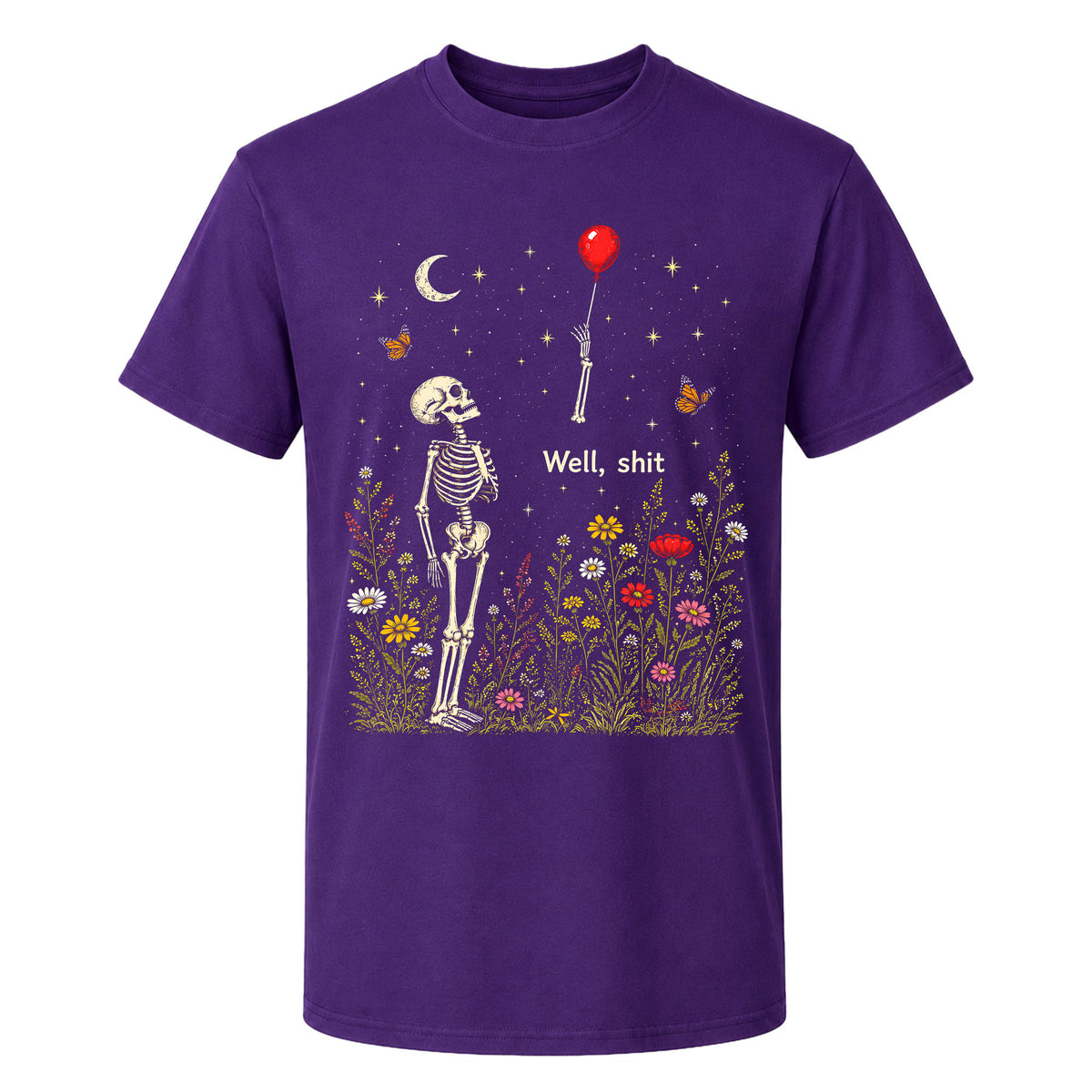 Skeleton Holding Red Balloon Graphic T-Shirt, Funny Halloween Inspired Skeleton Shirt, Spooky Season Casual Tee
