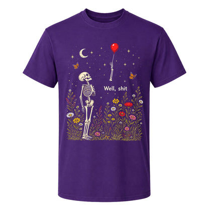 Skeleton Holding Red Balloon Graphic T-Shirt, Funny Halloween Inspired Skeleton Shirt, Spooky Season Casual Tee