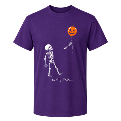 Skeleton Holding Red Balloon Graphic T-Shirt, Funny Halloween Inspired Skeleton Shirt, Spooky Season Casual Tee