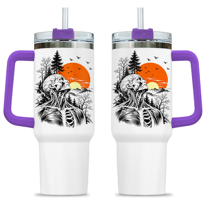 Anatomical Skeleton Sunset Tumbler 40oz with Handle and Straw, Vintage Mountain Gothic Gift for Men Women