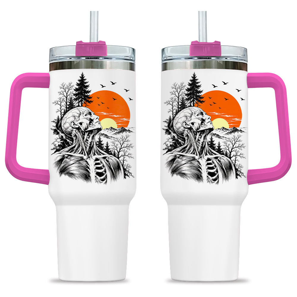 Anatomical Skeleton Sunset Tumbler 40oz with Handle and Straw, Vintage Mountain Gothic Gift for Men Women