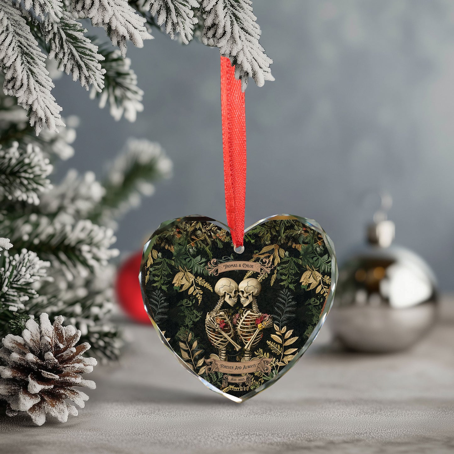 Skull Couple Ornaments For Christmas Decorations, Glass Keepsake Gifts For Him Her
