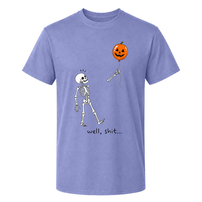 Skeleton Holding Red Balloon Graphic T-Shirt, Funny Halloween Inspired Skeleton Shirt, Spooky Season Casual Tee