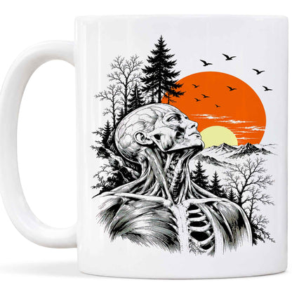 Anatomical Skeleton Sunset Mug, Vintage Mountain Nature Coffee Cup, Gothic Art Gift for Men Women