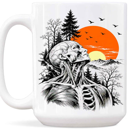 Anatomical Skeleton Sunset Mug, Vintage Mountain Nature Coffee Cup, Gothic Art Gift for Men Women