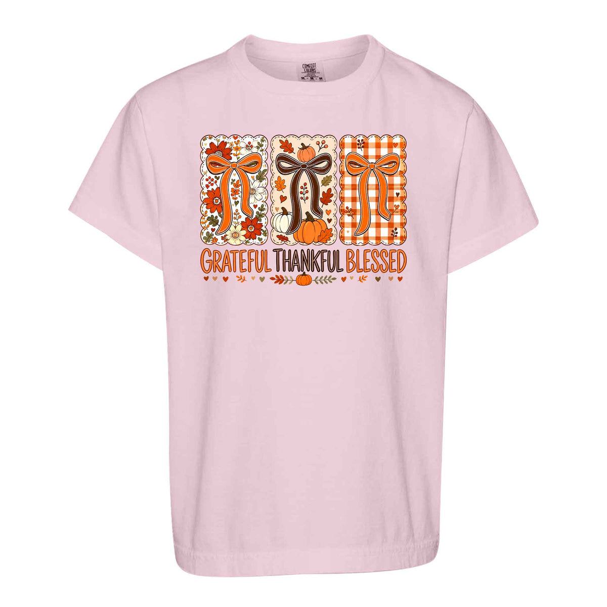 Girls Thanksgiving Shirt, Grateful Thankful Blessed Turkey Pumpkin Bow, Fall Gift for Kids & Women