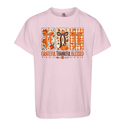 Girls Thanksgiving Shirt, Grateful Thankful Blessed Turkey Pumpkin Bow, Fall Gift for Kids & Women