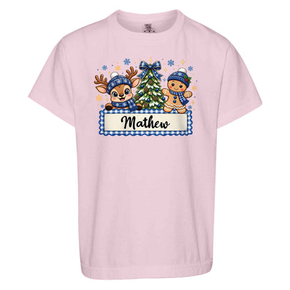Personalized Christmas Kid T-shirt - Custom Name Reindeer Gingerbread T-shirt - Holiday Gift for Boys and Girls