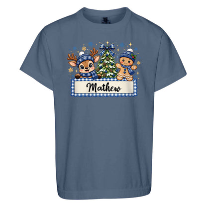 Personalized Christmas Kid T-shirt - Custom Name Reindeer Gingerbread T-shirt - Holiday Gift for Boys and Girls