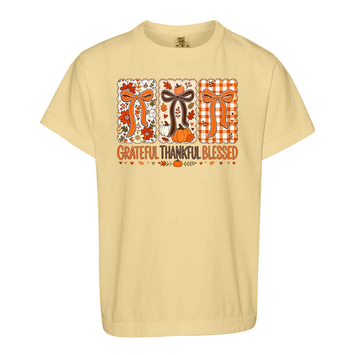 Girls Thanksgiving Shirt, Grateful Thankful Blessed Turkey Pumpkin Bow, Fall Gift for Kids & Women