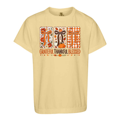 Girls Thanksgiving Shirt, Grateful Thankful Blessed Turkey Pumpkin Bow, Fall Gift for Kids & Women