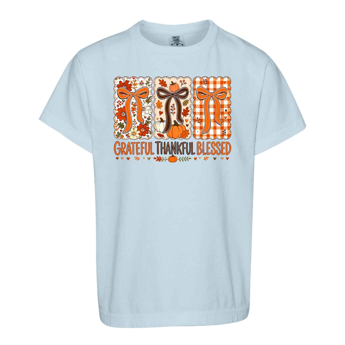 Girls Thanksgiving Shirt, Grateful Thankful Blessed Turkey Pumpkin Bow, Fall Gift for Kids & Women