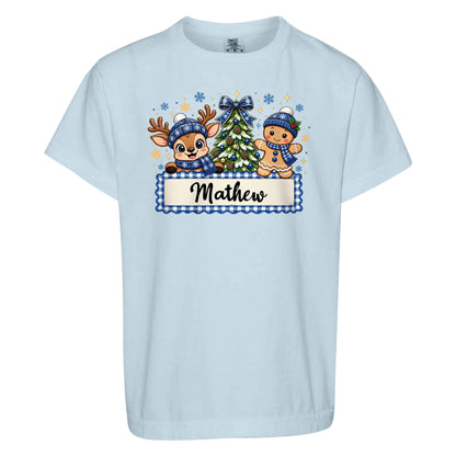 Personalized Christmas Kid T-shirt - Custom Name Reindeer Gingerbread T-shirt - Holiday Gift for Boys and Girls