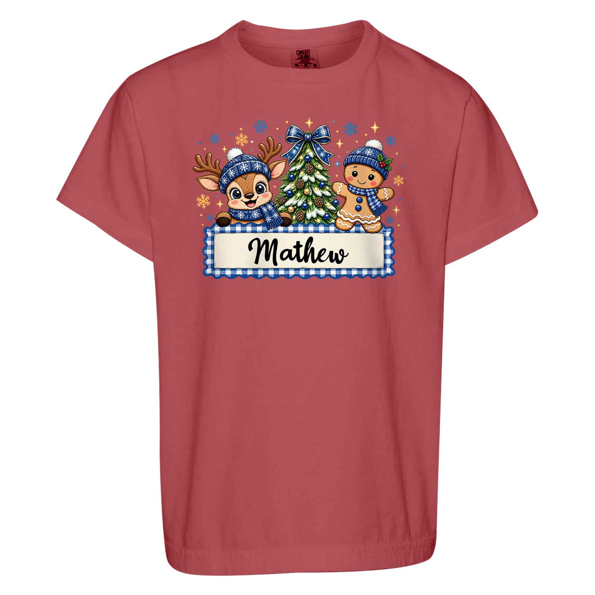 Personalized Christmas Kid T-shirt - Custom Name Reindeer Gingerbread T-shirt - Holiday Gift for Boys and Girls