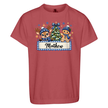 Personalized Christmas Kid T-shirt - Custom Name Reindeer Gingerbread T-shirt - Holiday Gift for Boys and Girls