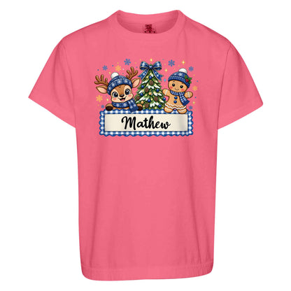 Personalized Christmas Kid T-shirt - Custom Name Reindeer Gingerbread T-shirt - Holiday Gift for Boys and Girls