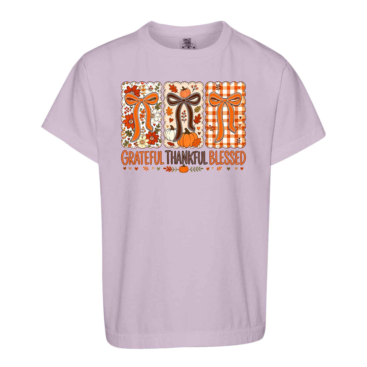 Girls Thanksgiving Shirt, Grateful Thankful Blessed Turkey Pumpkin Bow, Fall Gift for Kids & Women