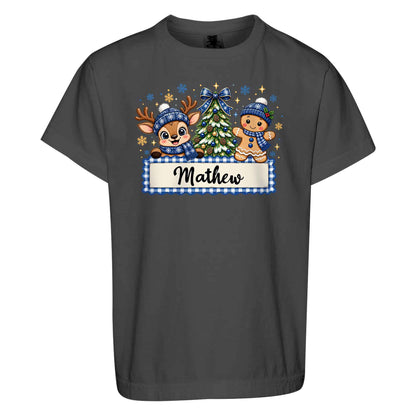 Personalized Christmas Kid T-shirt - Custom Name Reindeer Gingerbread T-shirt - Holiday Gift for Boys and Girls
