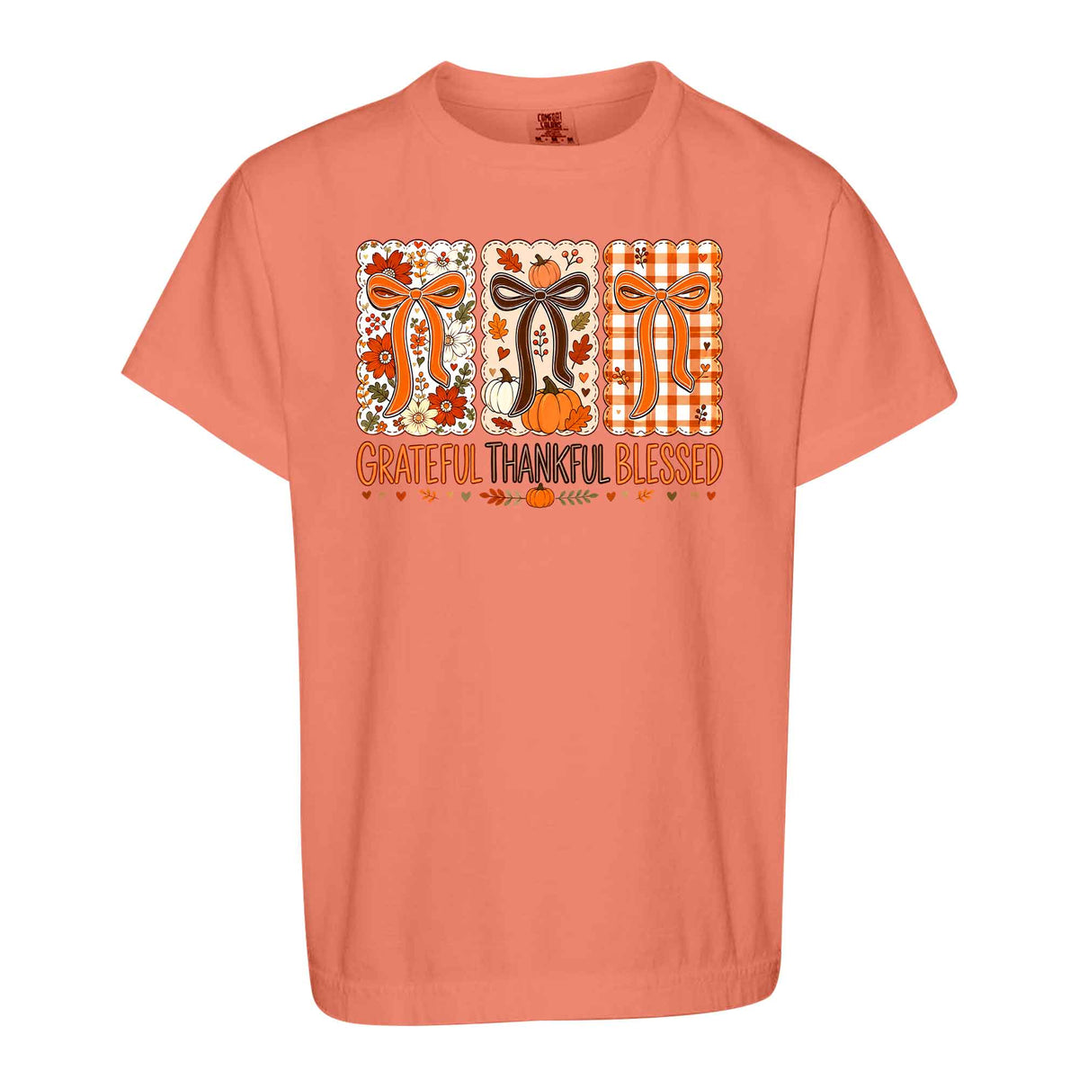 Girls Thanksgiving Shirt, Grateful Thankful Blessed Turkey Pumpkin Bow, Fall Gift for Kids & Women
