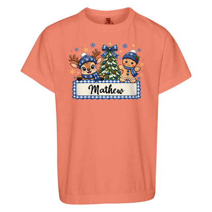Personalized Christmas Kid T-shirt - Custom Name Reindeer Gingerbread T-shirt - Holiday Gift for Boys and Girls