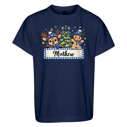 Personalized Christmas Kid T-shirt - Custom Name Reindeer Gingerbread T-shirt - Holiday Gift for Boys and Girls