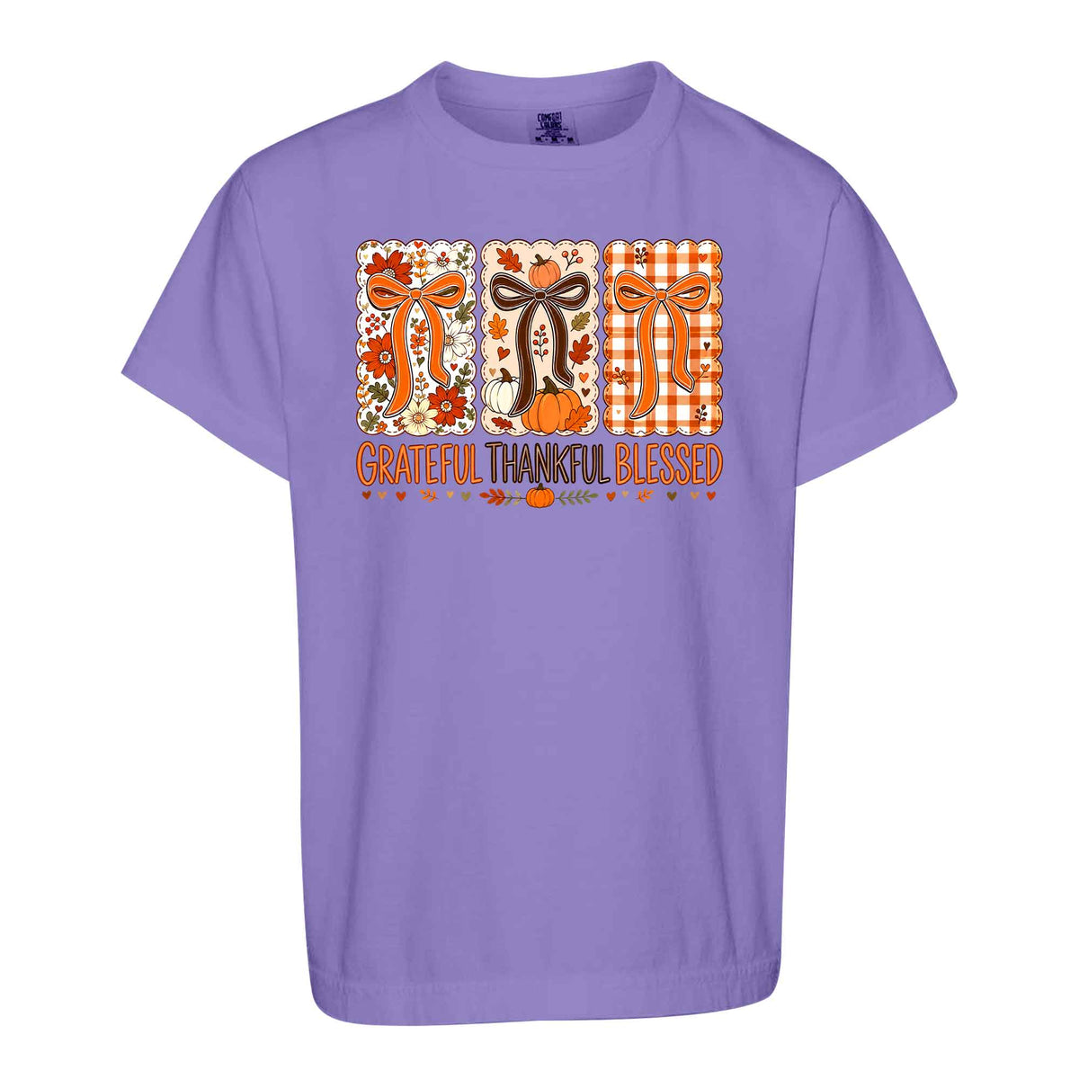 Girls Thanksgiving Shirt, Grateful Thankful Blessed Turkey Pumpkin Bow, Fall Gift for Kids & Women