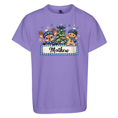 Personalized Christmas Kid T-shirt - Custom Name Reindeer Gingerbread T-shirt - Holiday Gift for Boys and Girls