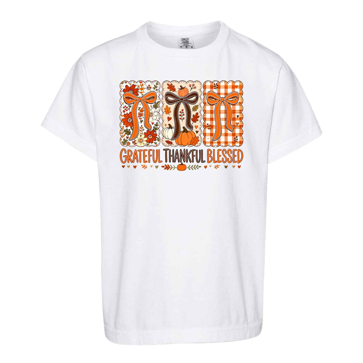 Girls Thanksgiving Shirt, Grateful Thankful Blessed Turkey Pumpkin Bow, Fall Gift for Kids & Women