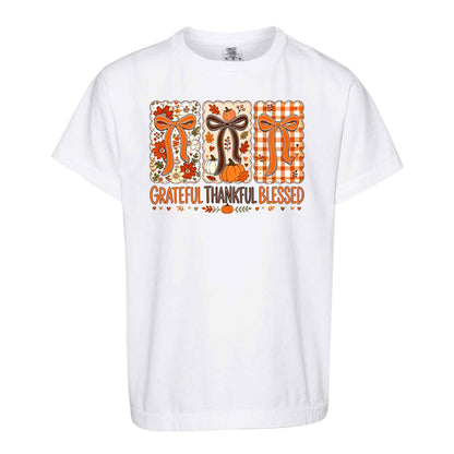 Girls Thanksgiving Shirt, Grateful Thankful Blessed Turkey Pumpkin Bow, Fall Gift for Kids & Women