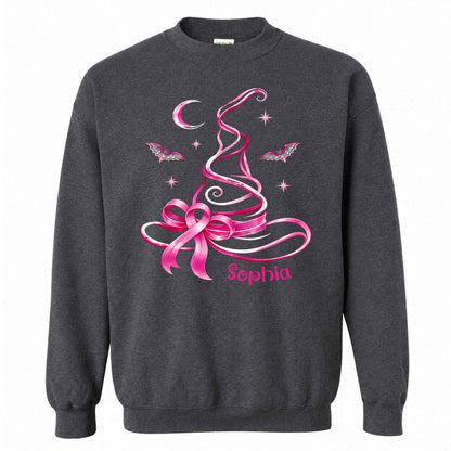 Personalized Breast Cancer Awareness Halloween Sweatshirt, Pink Ribbon Witch Hat Gift For Her, Family