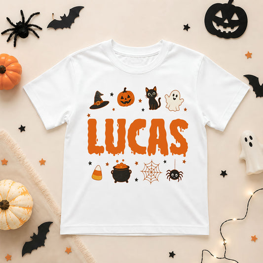 Personalized Halloween Shirt for Kids, Custom Name Spooky Ghost T-Shirt, Candy Corn Pumpkin Design, Halloween Shirt for Boys and Girls