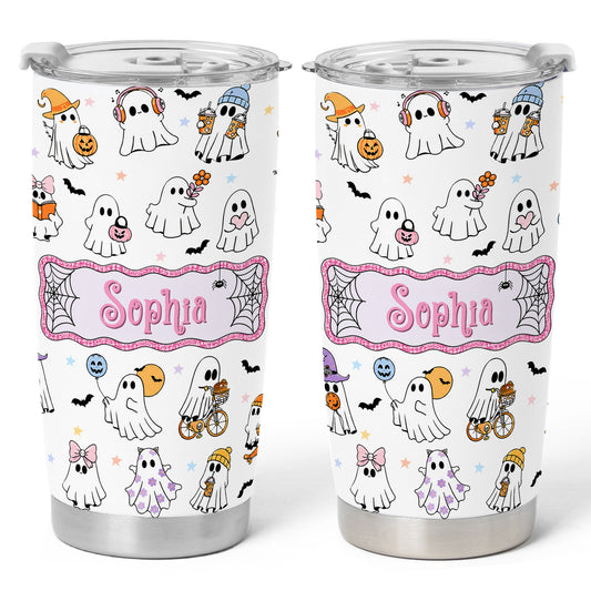 Personalized Halloween Tumbler 20oz, Cute Ghost Pumpkin Bat Tumbler, Custom Name Fall Drinkware