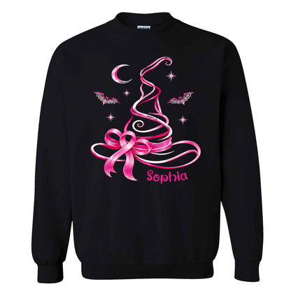 Personalized Breast Cancer Awareness Halloween Sweatshirt, Pink Ribbon Witch Hat Gift For Her, Family