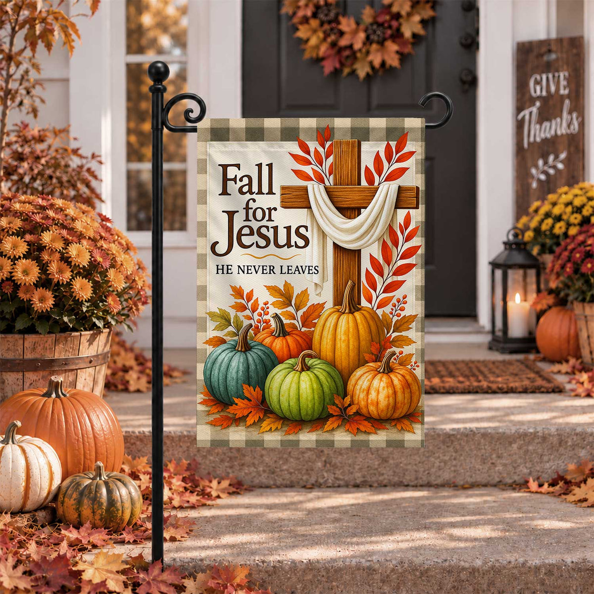 Give Thanks Fall Garden Flag, Rustic Cross Pumpkin Thanksgiving Yard Flag, Autumn Outdoor Decor