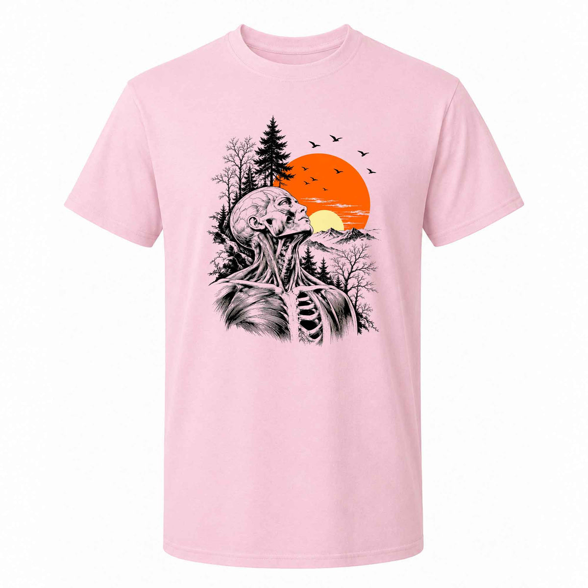 Anatomical Skeleton Sunset Shirt, Vintage Mountain Nature T-Shirt, Gothic Art Gift for Men Women