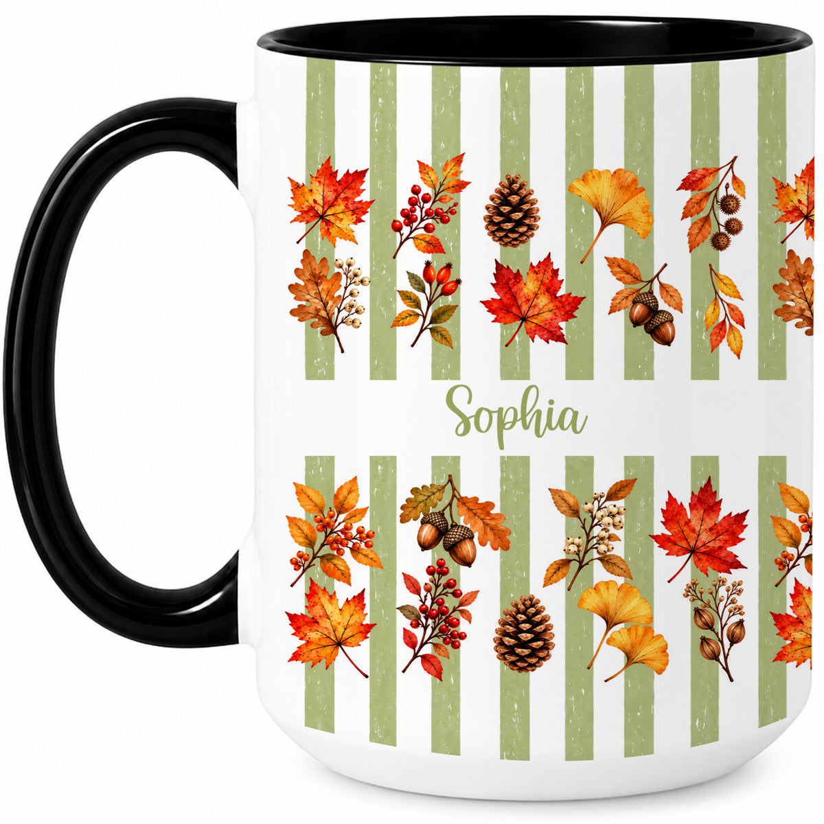 Personalized Fall Mug with Name - Autumn Leaves and Acorns Coffee Cup - Fall Gift for Friends