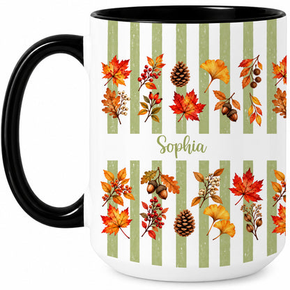 Personalized Fall Mug with Name - Autumn Leaves and Acorns Coffee Cup - Fall Gift for Friends