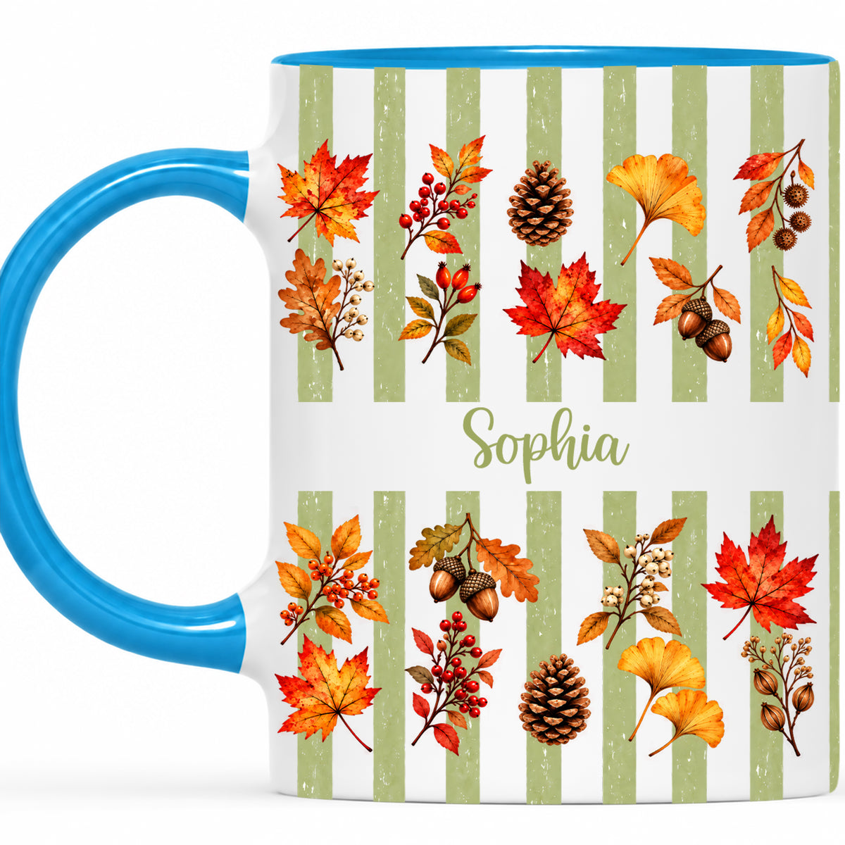 Personalized Fall Mug with Name - Autumn Leaves and Acorns Coffee Cup - Fall Gift for Friends
