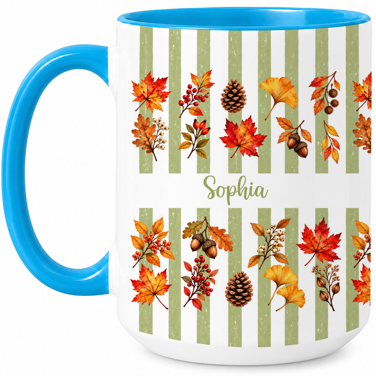 Personalized Fall Mug with Name - Autumn Leaves and Acorns Coffee Cup - Fall Gift for Friends