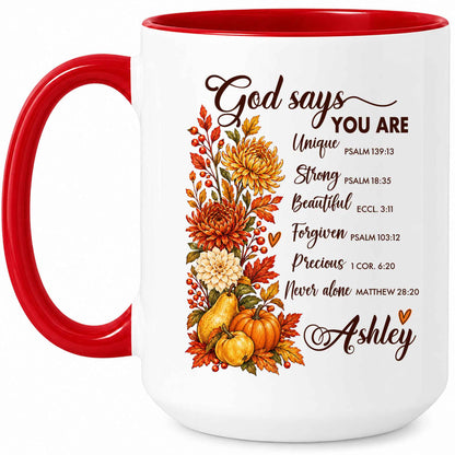 Personalized Thanksgiving Mug - God Says You Are Christian Coffee Cup - Fall Faith Gift for Friends, Self Gift