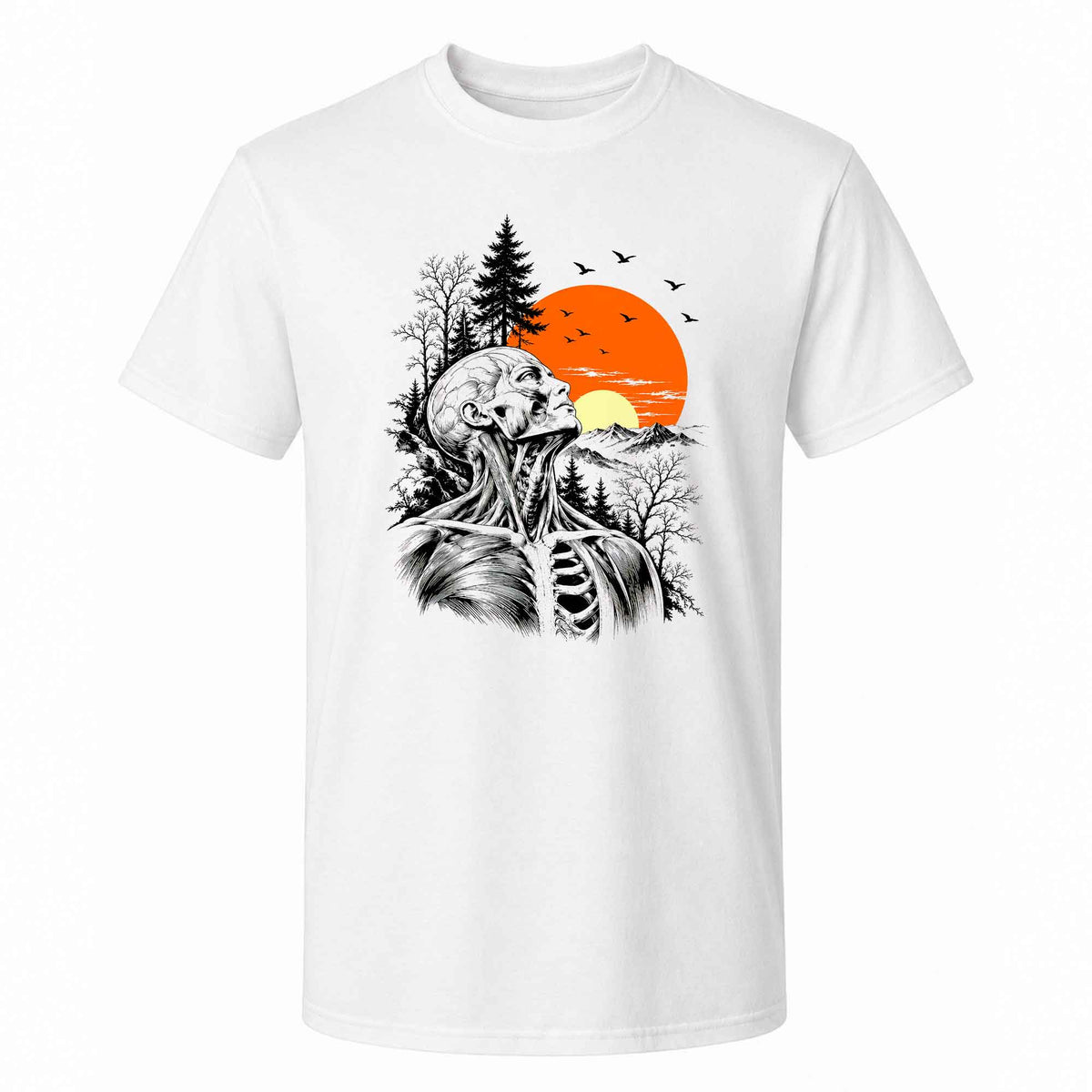 Anatomical Skeleton Sunset Shirt, Vintage Mountain Nature T-Shirt, Gothic Art Gift for Men Women