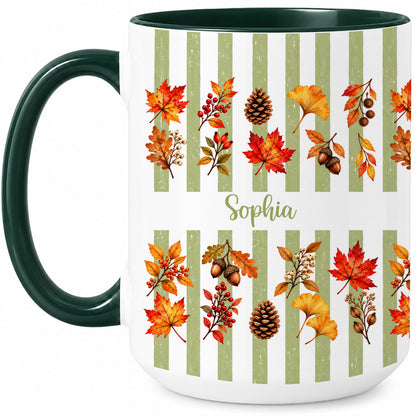 Personalized Fall Mug with Name - Autumn Leaves and Acorns Coffee Cup - Fall Gift for Friends