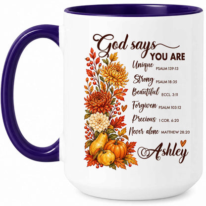 Personalized Thanksgiving Mug - God Says You Are Christian Coffee Cup - Fall Faith Gift for Friends, Self Gift