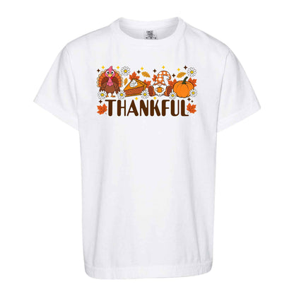 Girls Thanksgiving Shirt, Grateful Thankful Blessed Turkey Pumpkin Bow, Fall Gift for Kids & Women