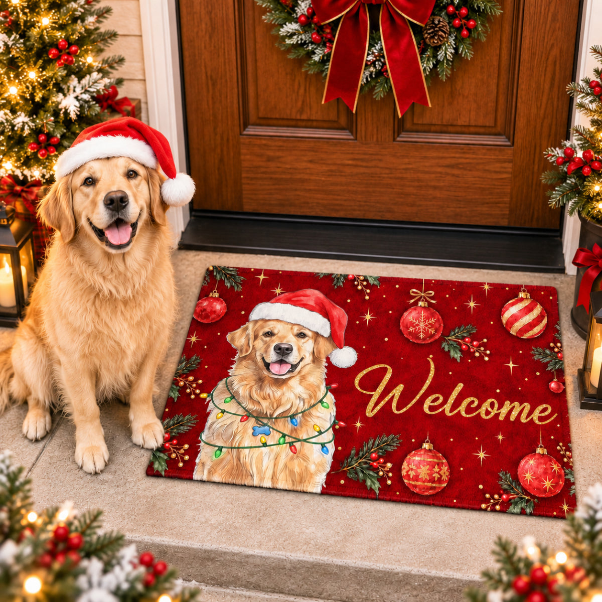 Personalized Christmas Doormat – Custom Pet Portrait Welcome Door Mat - Christmas Gift for Pet Lovers