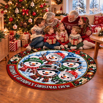 Personalized Christmas Round Rug - Snowman Christmas Crew 3D Effect Rug - Christmas Gift for Grandparents