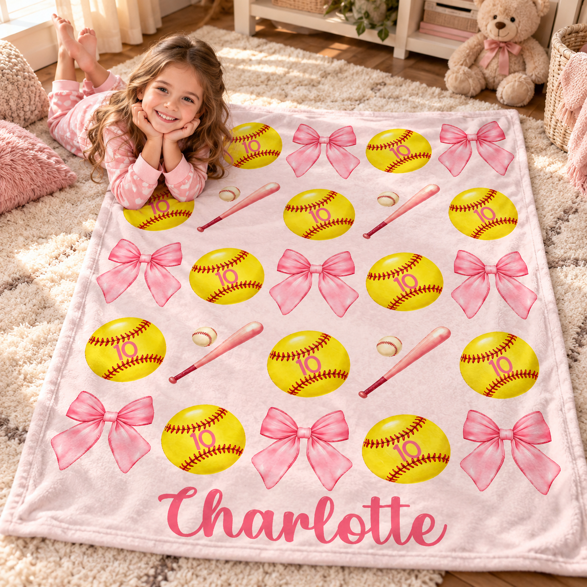 Personalized Softball Blanket for Girls - Custom Name Bow Softball Throw - Christmas Gift, Teen Athlete Gift