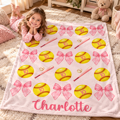 Personalized Softball Blanket for Girls - Custom Name Bow Softball Throw - Christmas Gift, Teen Athlete Gift