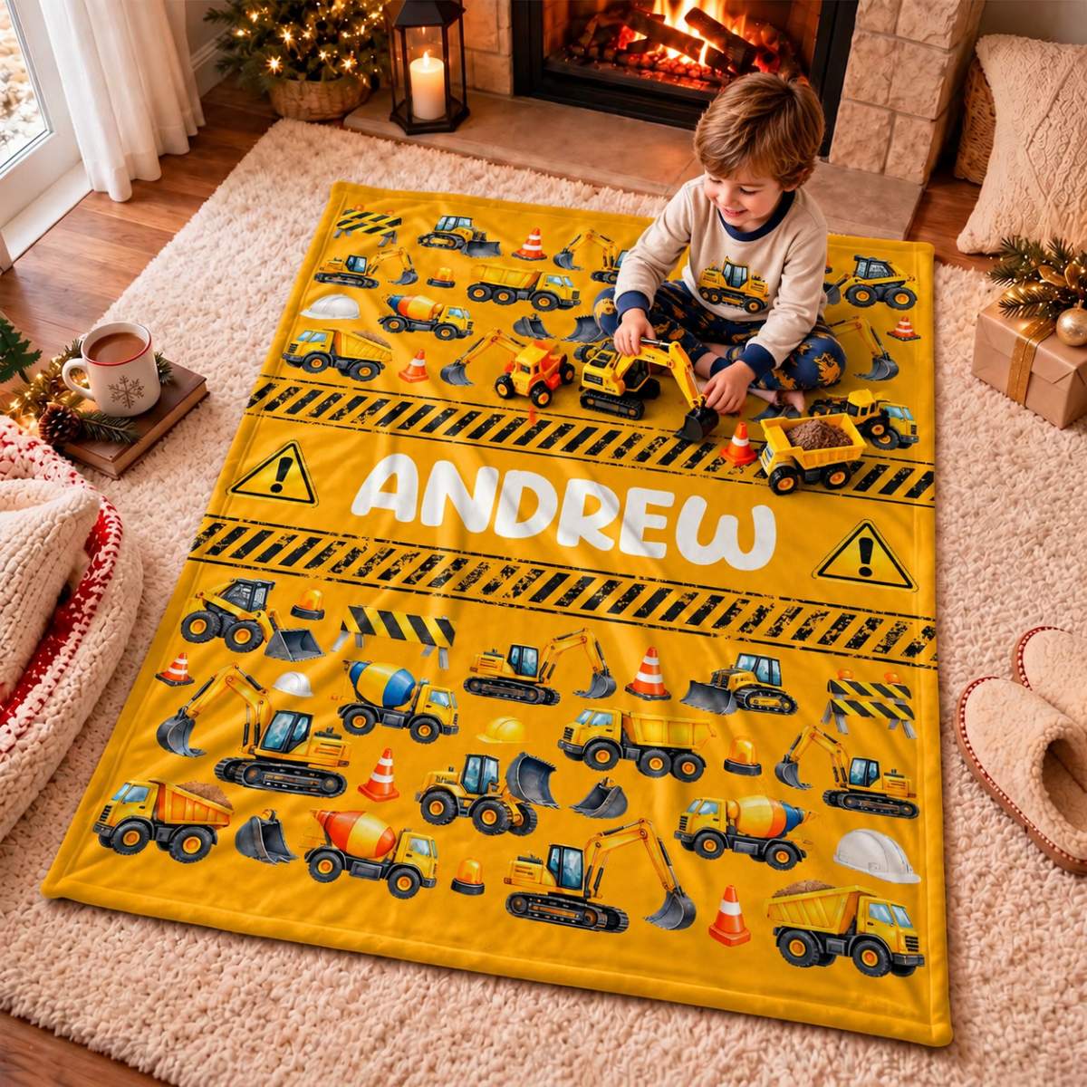Personalized Constructions Blanket - Custom Kid Name Construction Trucks Blanket - Christmas Birthday Gift for Kids, Sons