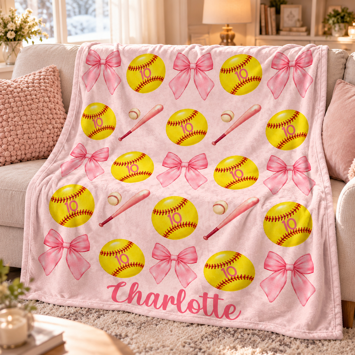 Personalized Softball Blanket for Girls - Custom Name Bow Softball Throw - Christmas Gift, Teen Athlete Gift